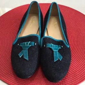 EUC COLE HAAN Wool Suede Trim Tassel Moccasin Slip On Low Heel Dark Gray & Teal